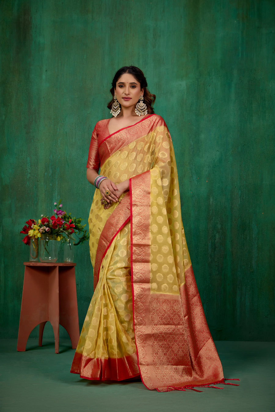 Shop Elegant Yellow Organza Silk Woven Ready to Wear Saree - Perfect for Any Occasion-RTW-2573
