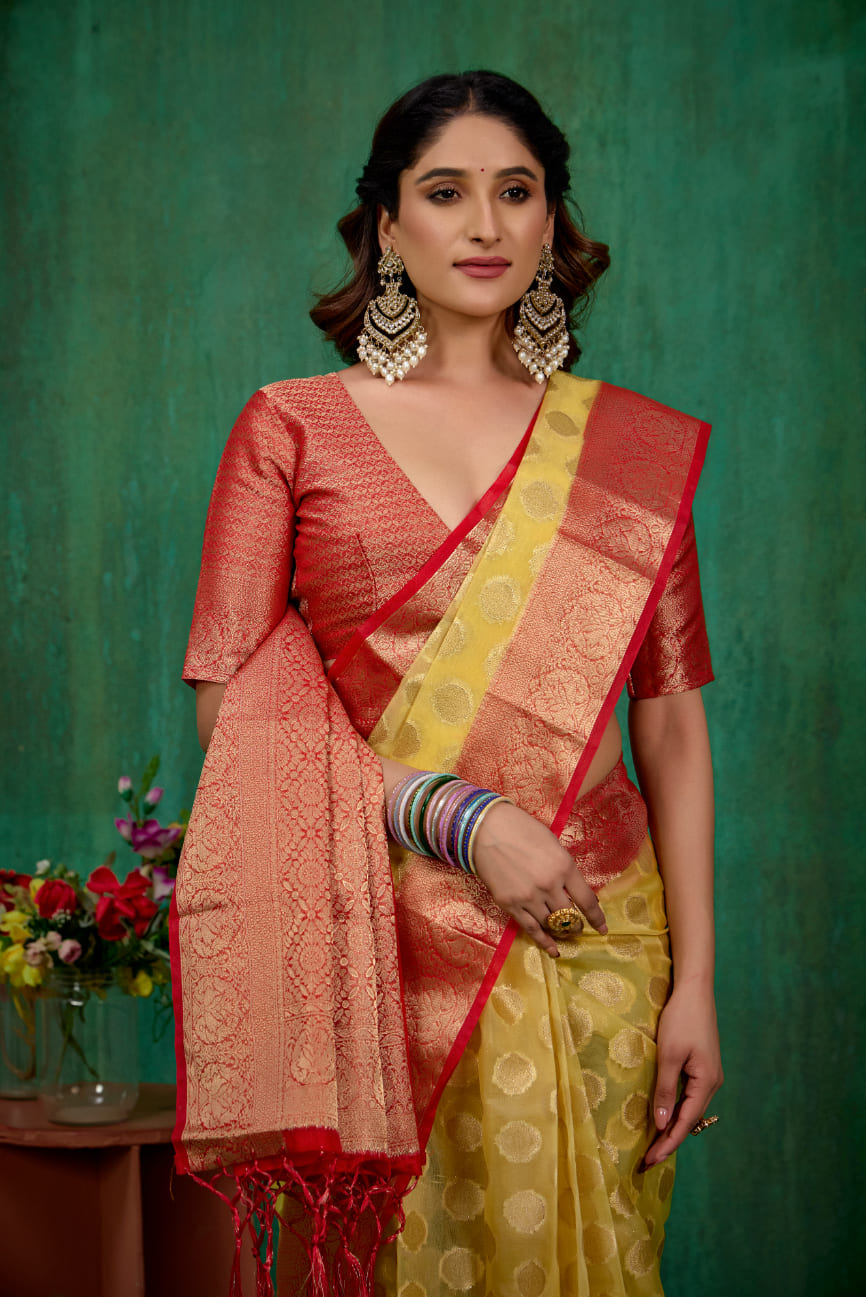 Shop Elegant Yellow Organza Silk Woven Ready to Wear Saree - Perfect for Any Occasion-RTW-2573