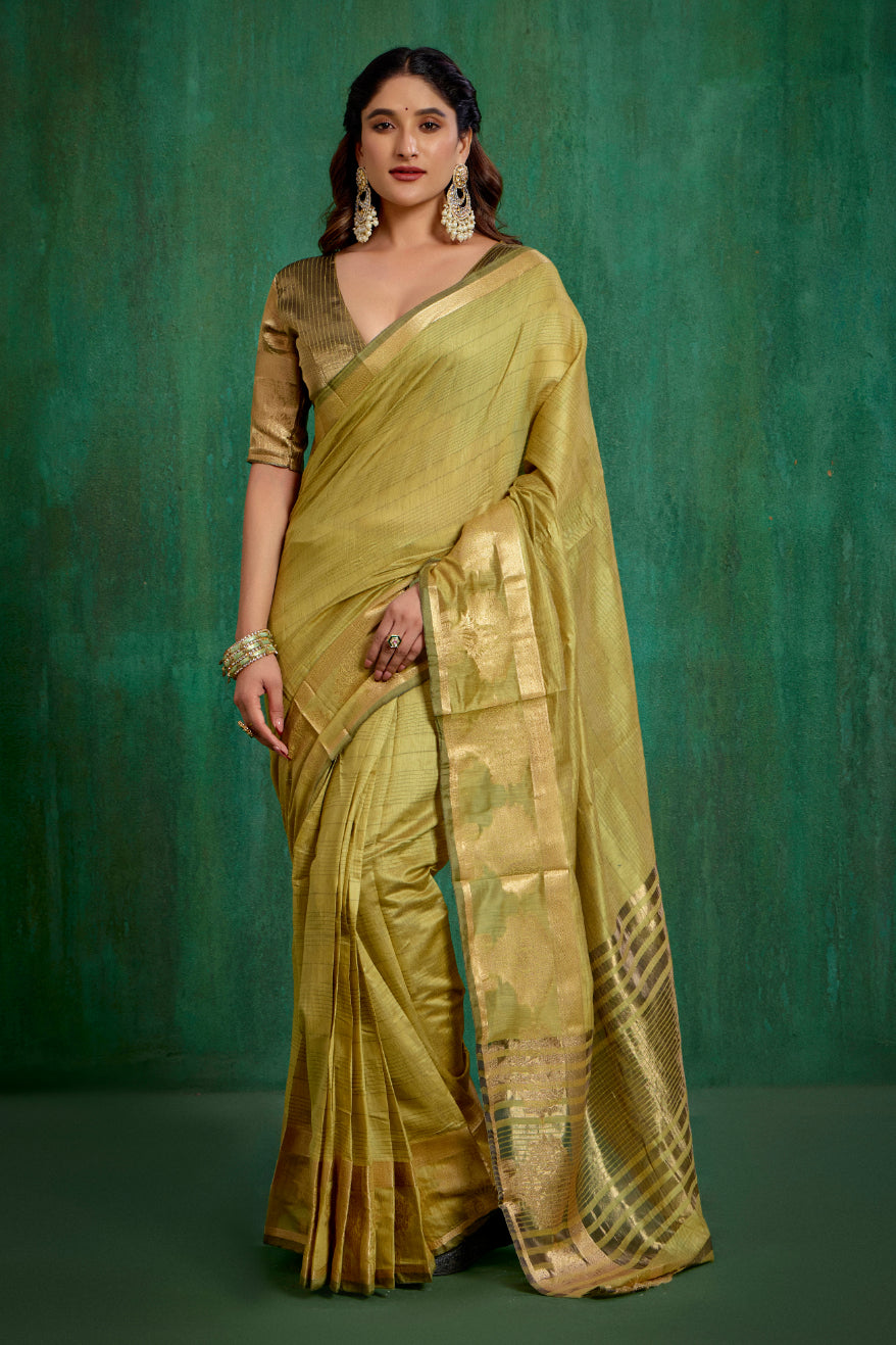 Elegant Olive GreenCotton Silk Woven Ready to Wear Saree - Perfect for Any Occasion-RTW-2604