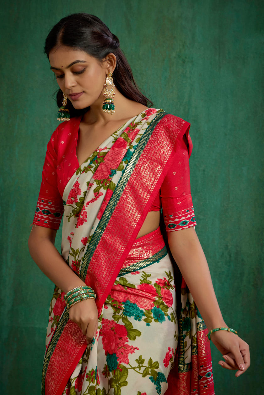 Elegant Cream Cotton Silk Floral Print Ready to Wear Saree - Shop Now!-RTW-3714