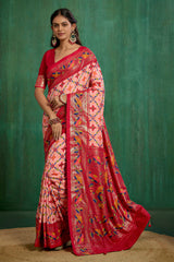 Shop Peachy Pink Cotton Silk Ikkat Print Ready to Wear Saree - Elegant & Comfortable Styles-RTW-3845