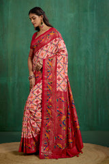 Shop Peachy Pink Cotton Silk Ikkat Print Ready to Wear Saree - Elegant & Comfortable Styles-RTW-3845