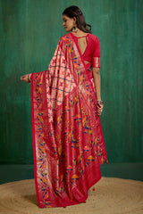 Shop Peachy Pink Cotton Silk Ikkat Print Ready to Wear Saree - Elegant & Comfortable Styles-RTW-3845