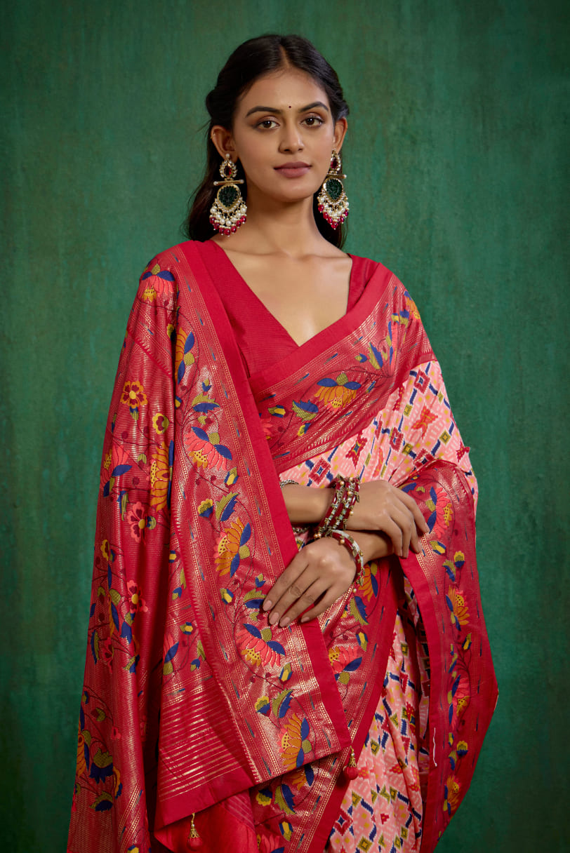Shop Peachy Pink Cotton Silk Ikkat Print Ready to Wear Saree - Elegant & Comfortable Styles-RTW-3845