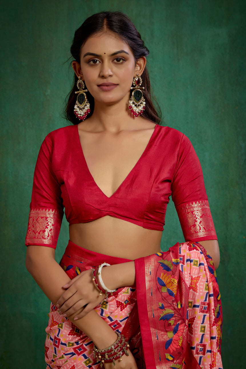 Shop Peachy Pink Cotton Silk Ikkat Print Ready to Wear Saree - Elegant & Comfortable Styles-RTW-3845