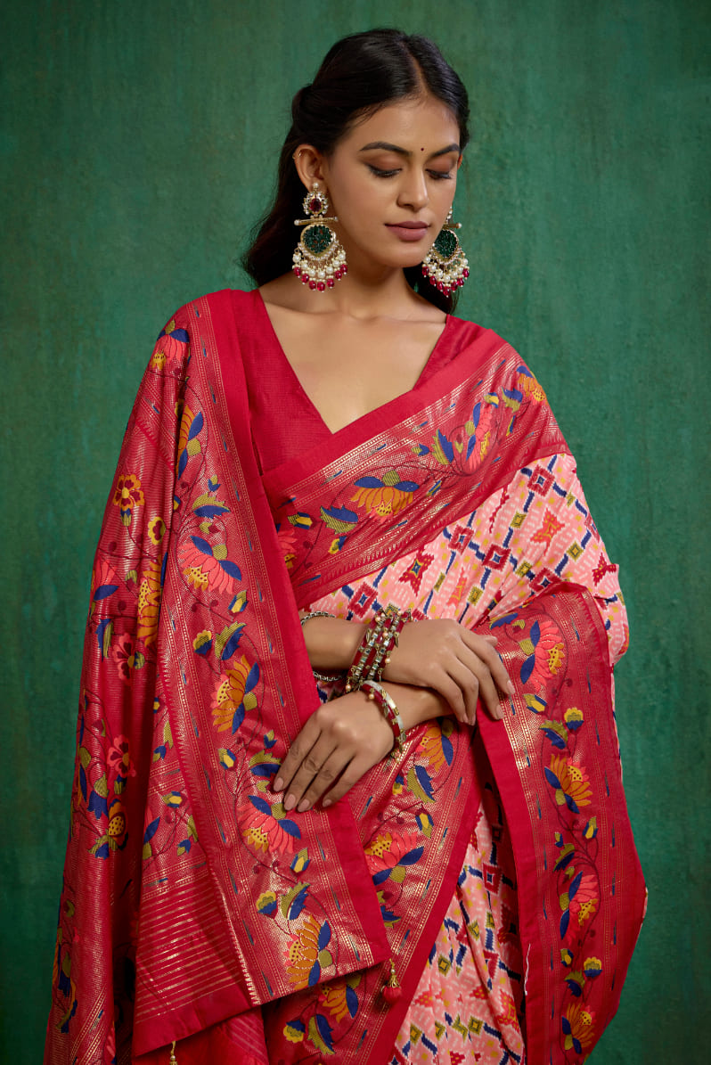 Shop Peachy Pink Cotton Silk Ikkat Print Ready to Wear Saree - Elegant & Comfortable Styles-RTW-3845