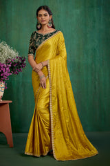 Elegant Gold Satin Jacquard Embroidery Ready to Wear Saree - Shop Now Online-RTW-4378