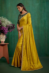 Elegant Gold Satin Jacquard Embroidery Ready to Wear Saree - Shop Now Online-RTW-4378