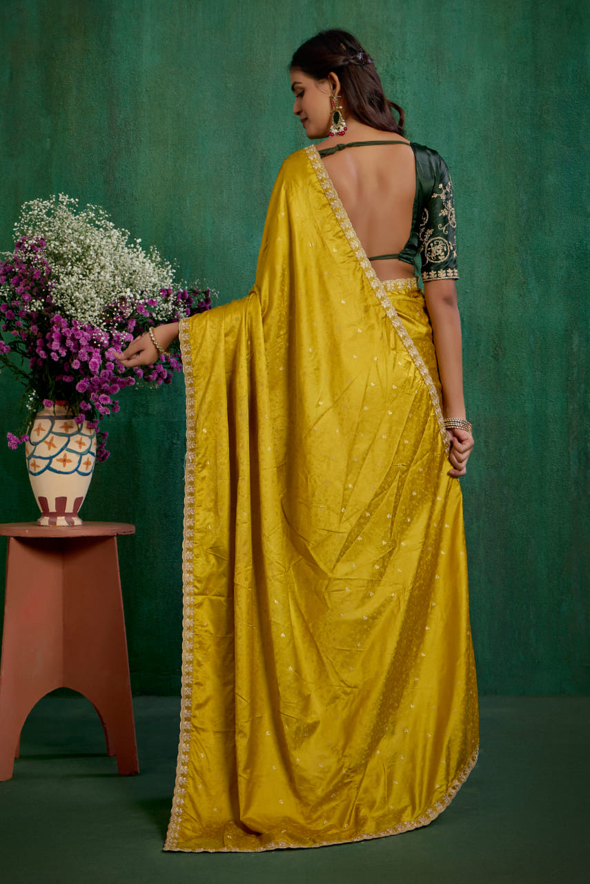 Elegant Gold Satin Jacquard Embroidery Ready to Wear Saree - Shop Now Online-RTW-4378
