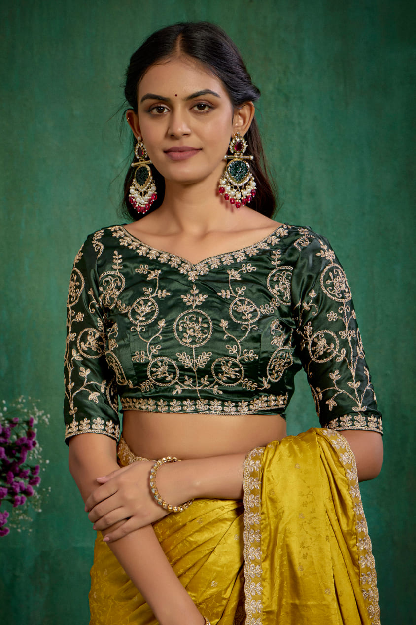 Elegant Gold Satin Jacquard Embroidery Ready to Wear Saree - Shop Now Online-RTW-4378