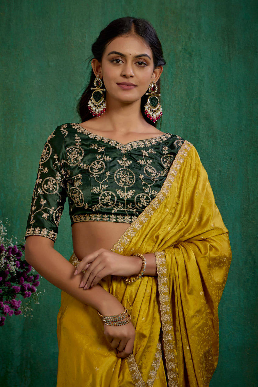 Elegant Gold Satin Jacquard Embroidery Ready to Wear Saree - Shop Now Online-RTW-4378